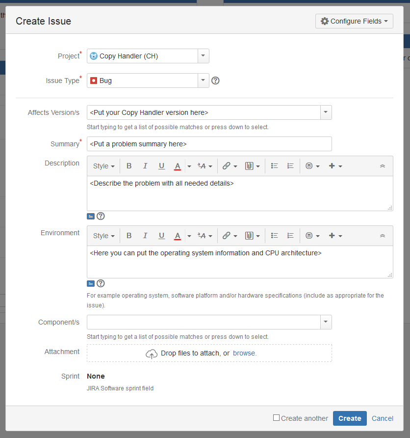 Jira Create Issue form