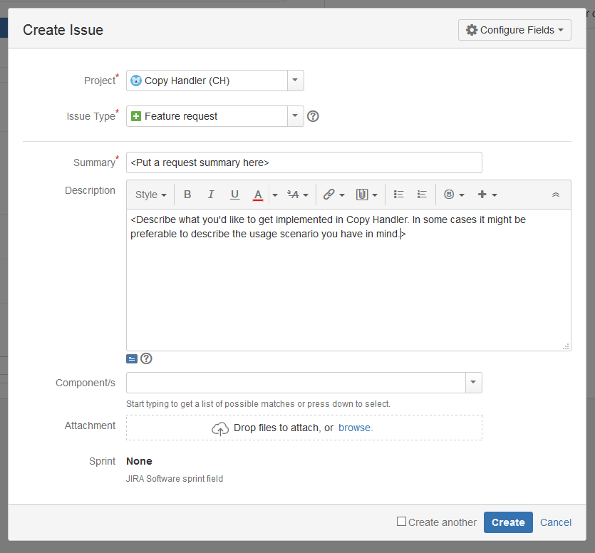 Jira Create Issue form